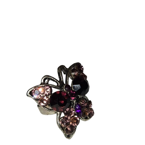 Vintage Butterfly Ring With Pink & Purple Rhinestones On Silver-Tone Band - Picture 6 of 10